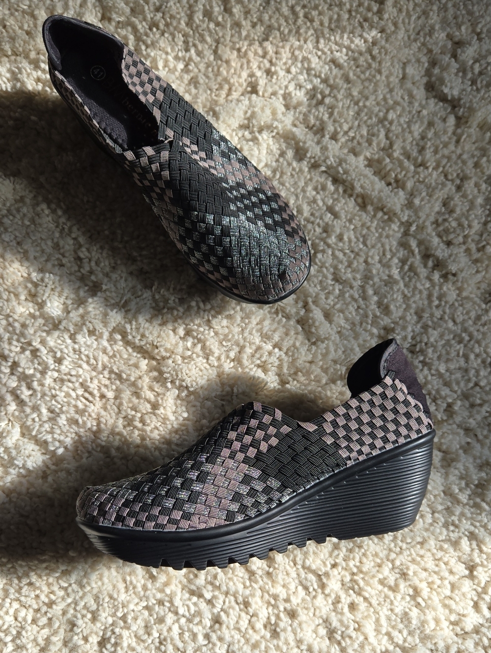 bernie mev. Black & Silver Woven Wedge Slip-On Sneakers
